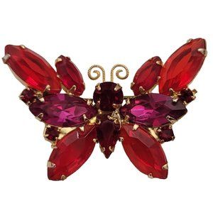 Red Pink Prong Set Rhinestone Vintage Butterfly Brooch Pin E445